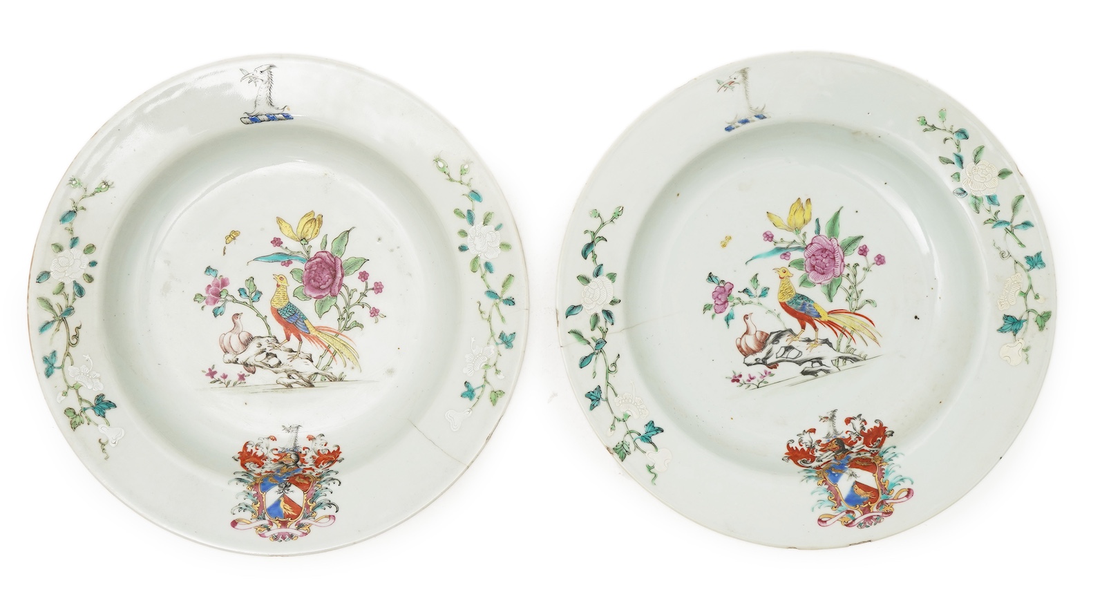 A pair of Chinese famille armorial plates, Qianlong, c.1750